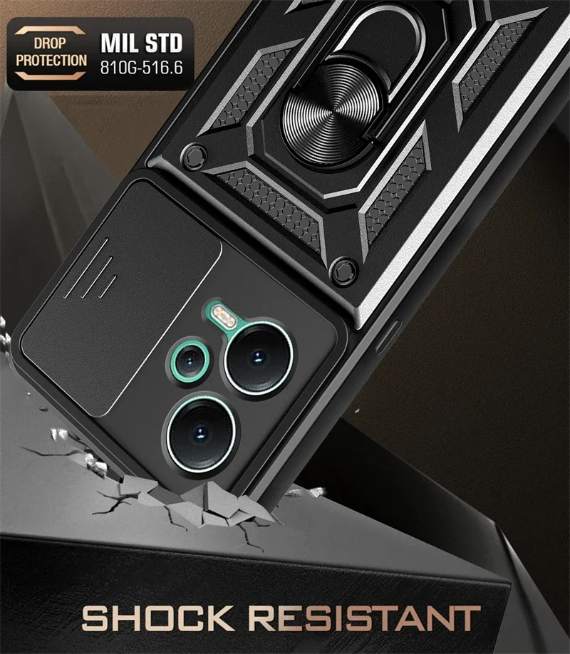 Enhanced Protective Armor Phone Case with Slide Camera Lens Guard and Car Holder Stand