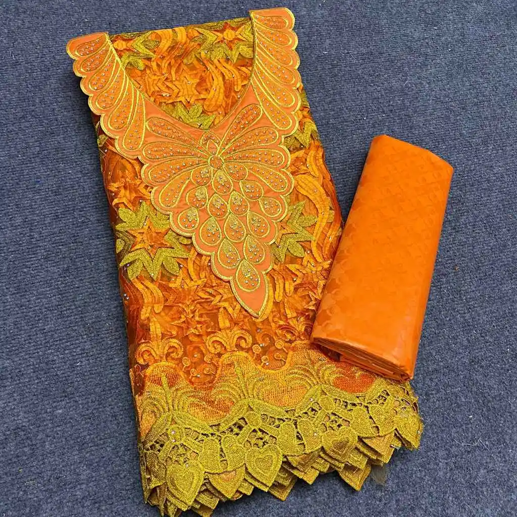 

2022 Latest Style African Fashion Bazin VIP Brocade Net Tulle Lace Fabric Match Collar For Sewing Dress Clothing 2.5y+2.5y/set