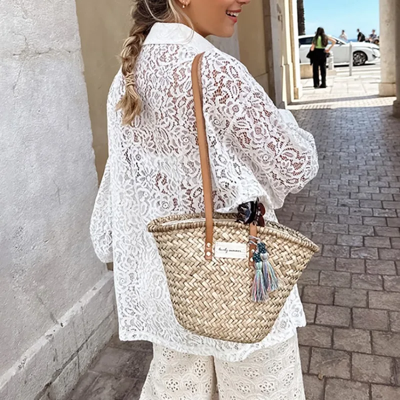 

Y2K INS Clothes Long Lantern Sleeve Single Breasted Loose T-shirt Blouse Summer Lace Hollow Out Shirt Top for Women 2023