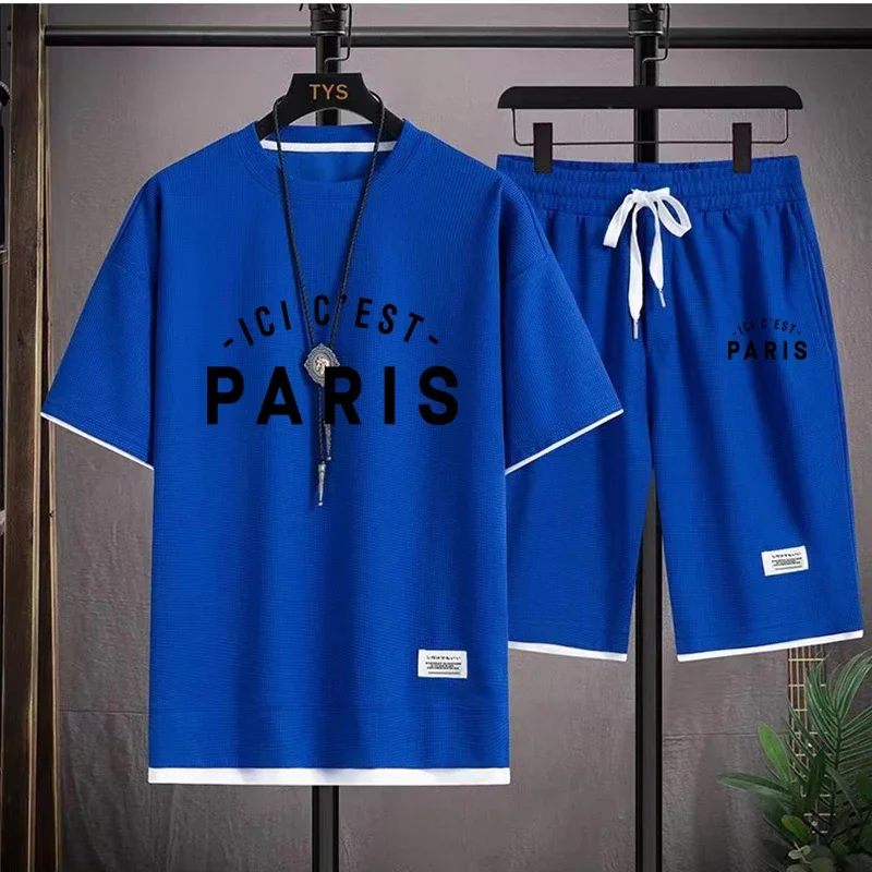 thumbnail image 1 of Conjuntos de waffle para hombre, conjunto de camiseta y pantalones cortos casuales Messi Paris, trajes deportivos de verano para hombre, chándal, traje holgado, camiseta para hombre, ropa, 1 of 5