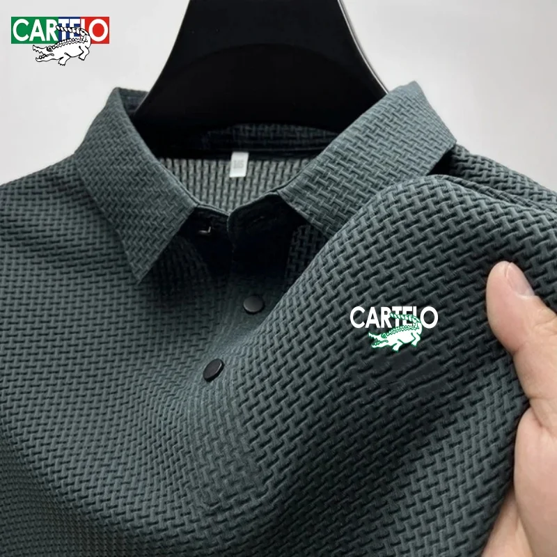 자수 CARTELO 남성용 고품질 중공 실크 부드러운 반팔 폴로 셔츠, 여름 트렌드 패션 캐주얼 통기성 T-shi