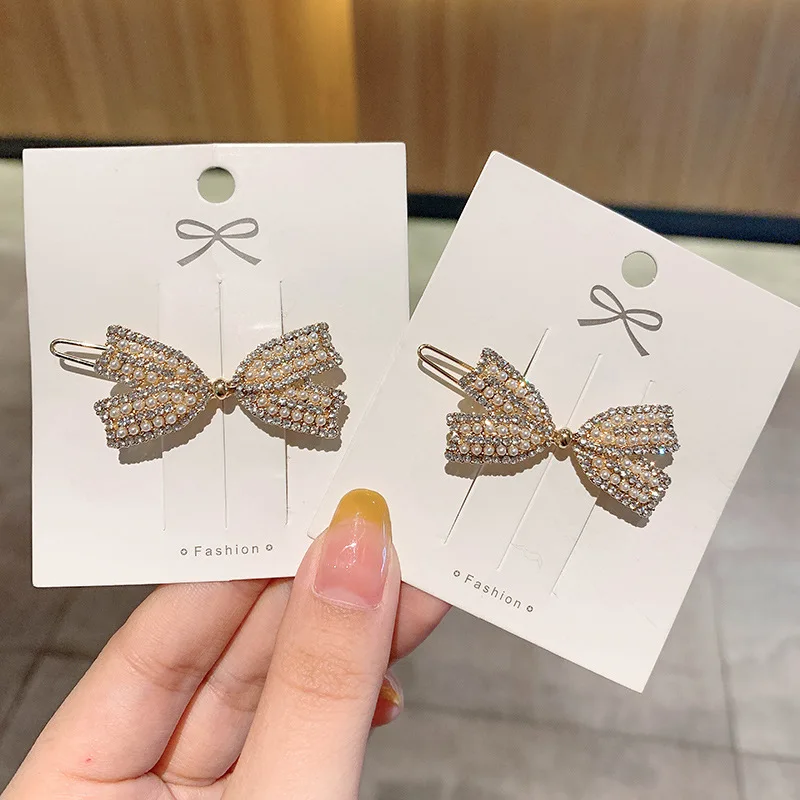 Exquisite Strass Bogen Haar Clip frauen Pony Seite Clip Temperament Perle Haarnadel Legierung Mode Koreanischen Stil Haar Zubehör
