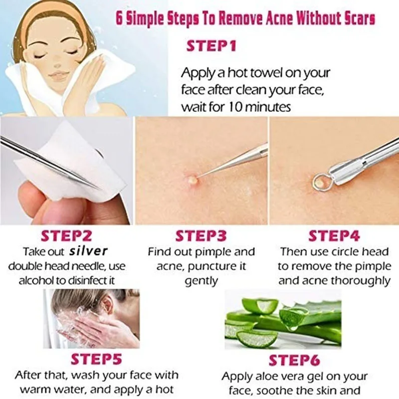 9pcs Stainless Acne Needle Blackhead and Pimple Remover Face Care Comedone Extractor Head Remover Tool Sets Point Clean Black