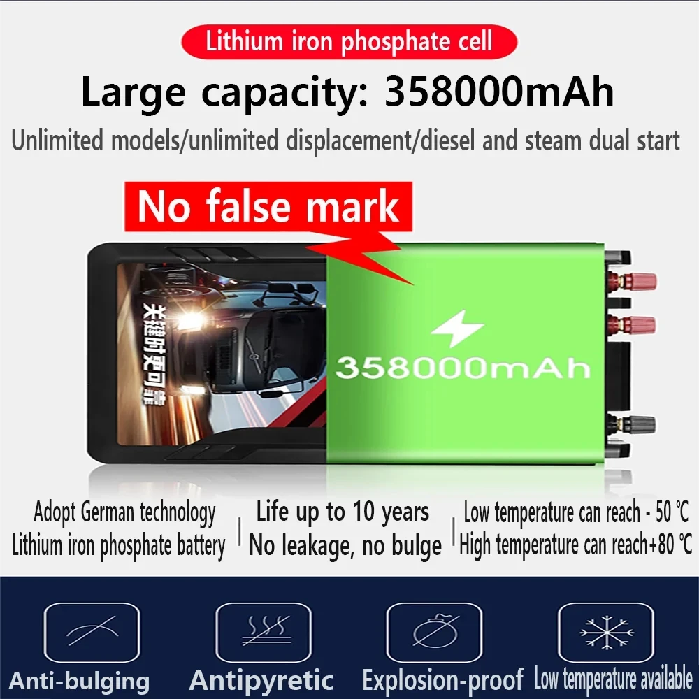 Car jump starter 12V/24V 358000mAh, a sturdy and durable electric starting device that can start any vehicle