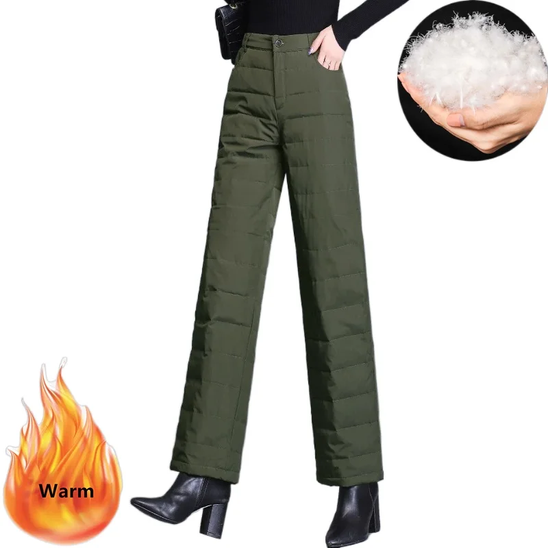 Женские зимние Пуховые брюки с хлопковой подкладкой и широкими штанинами, повседневные утепленные брюки большого размера 4xl с высокой талией, теплые прямые мешковатые брюки