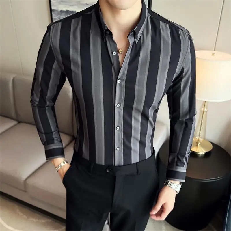 Classics Contrasting Stripes Shirt for Men Summer Long Sleeve Casual Slim Fit Business Dress Shirts Slim Social Tuxedo Blouse