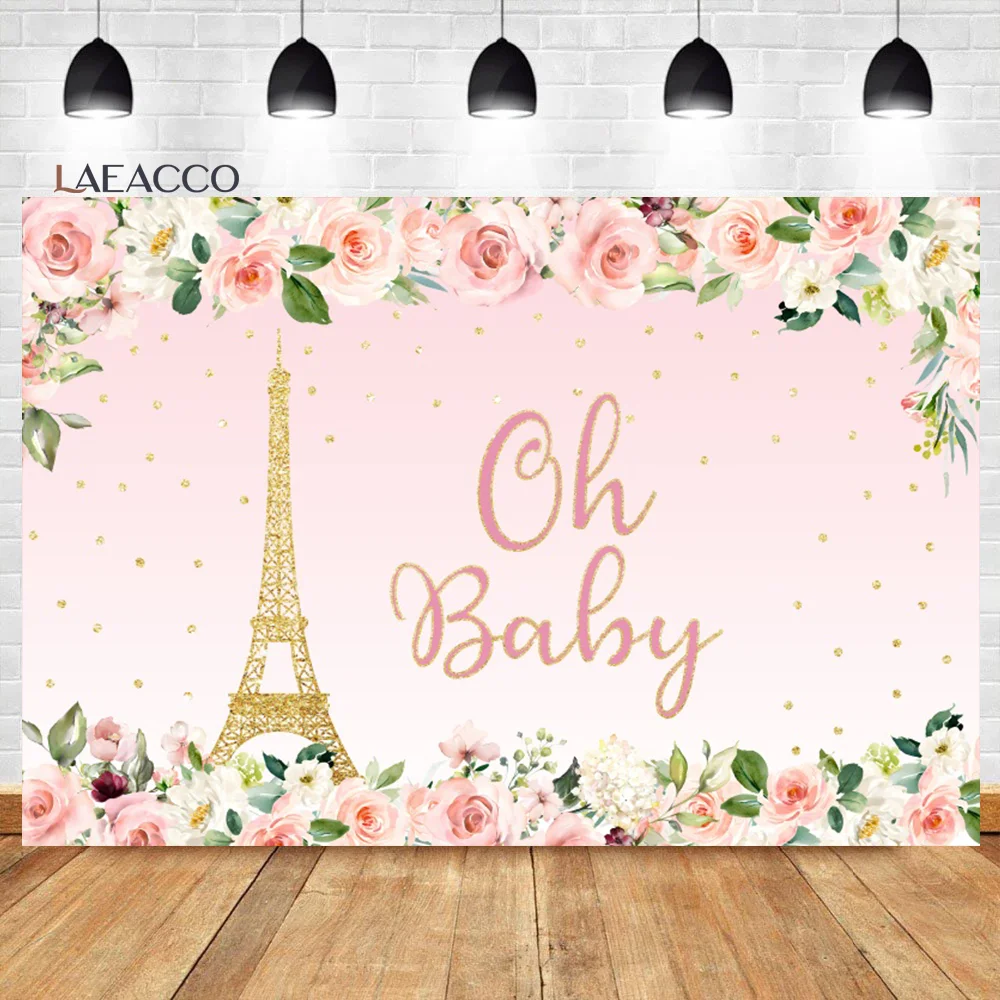 

Laeacco Paris Birthday Backdrop Eiffel Tower French Theme Pink Flower Girls Baby Shower Portrait Custom Photography Background