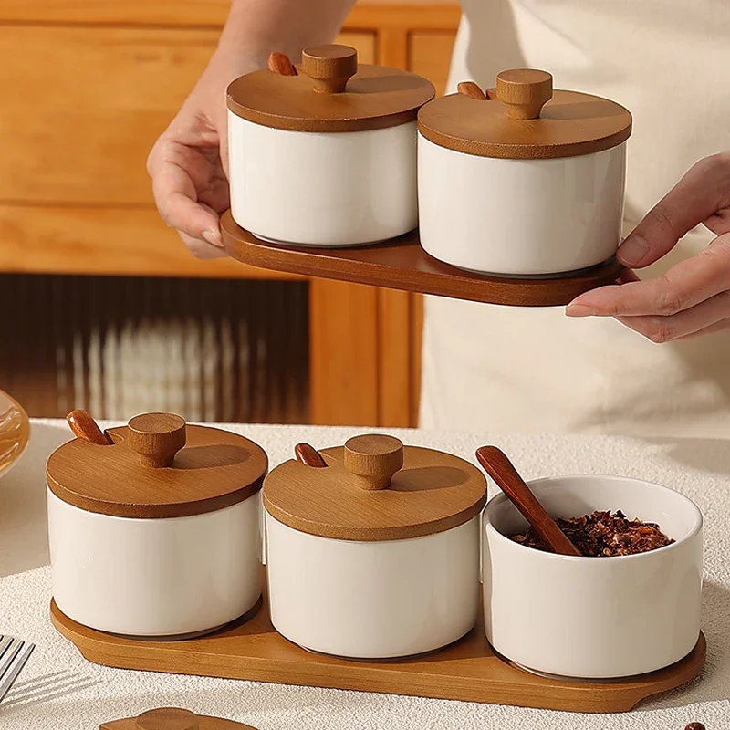 Japanese Vintage Seasoning Jar Three-piece Kitchen Salt MSG Storage Jar Ceramic Household Chili Tank Spoon Kitchen Utensils