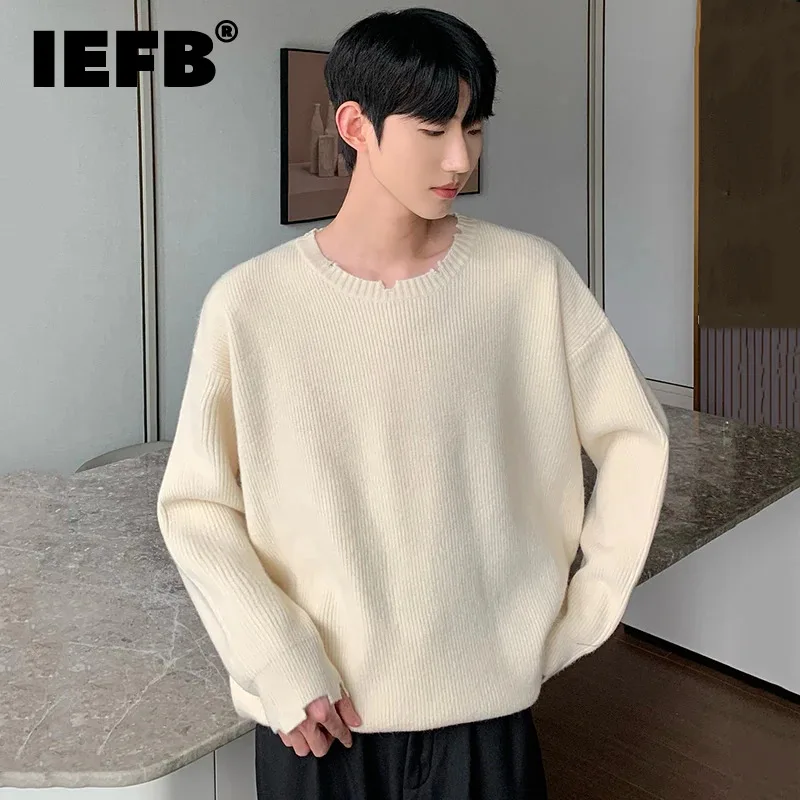 

IEFB Worn Out Men's Knitting Pullovers Casual Round Neck Solid Color Loose Male Pullover Sweater Spring New Fashion 2024 9C4250