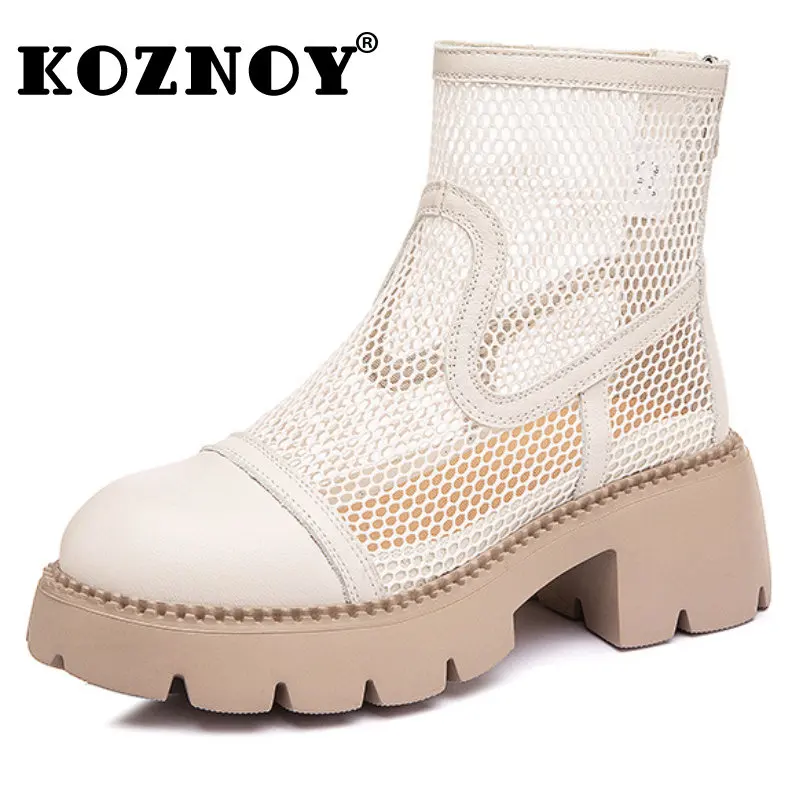 

Koznoy 6cm New Air Mesh Boots for Women Shoes Breathable Genuine Leather Summer Platform Wedge Fashion Ankle Mid Calf ZIP Comfy