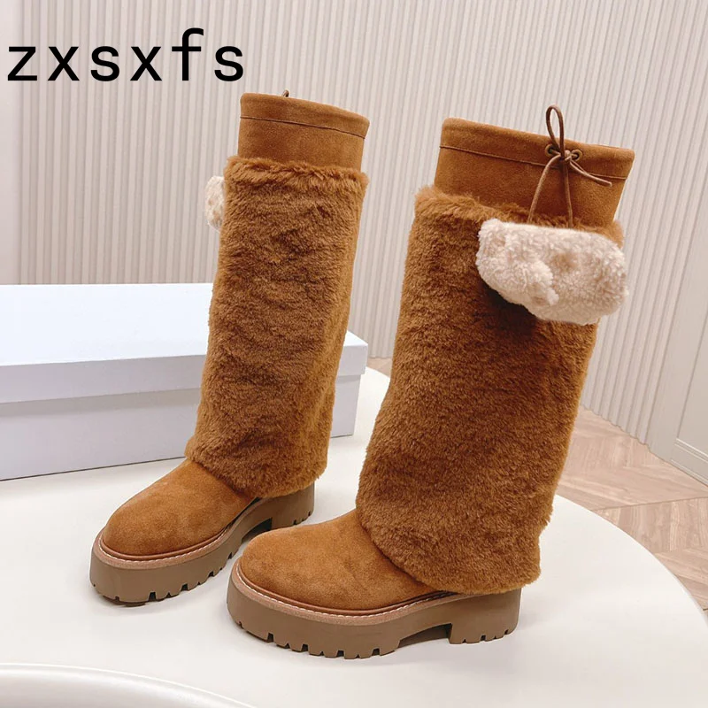 

Designer Natural Wool Snow Women Winter Warm Platform Knee High Boots Fur Brand Shoes Ladies Square Heel Flat Knight Boots Women