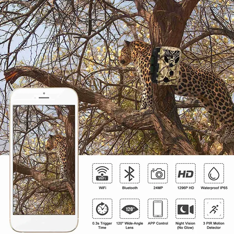 Outdoor Wildlife Camera 24MP 1296P WiFi Trail Cameras No Glow Night Vision Motion Activated IP66 Waterproof Trap Game