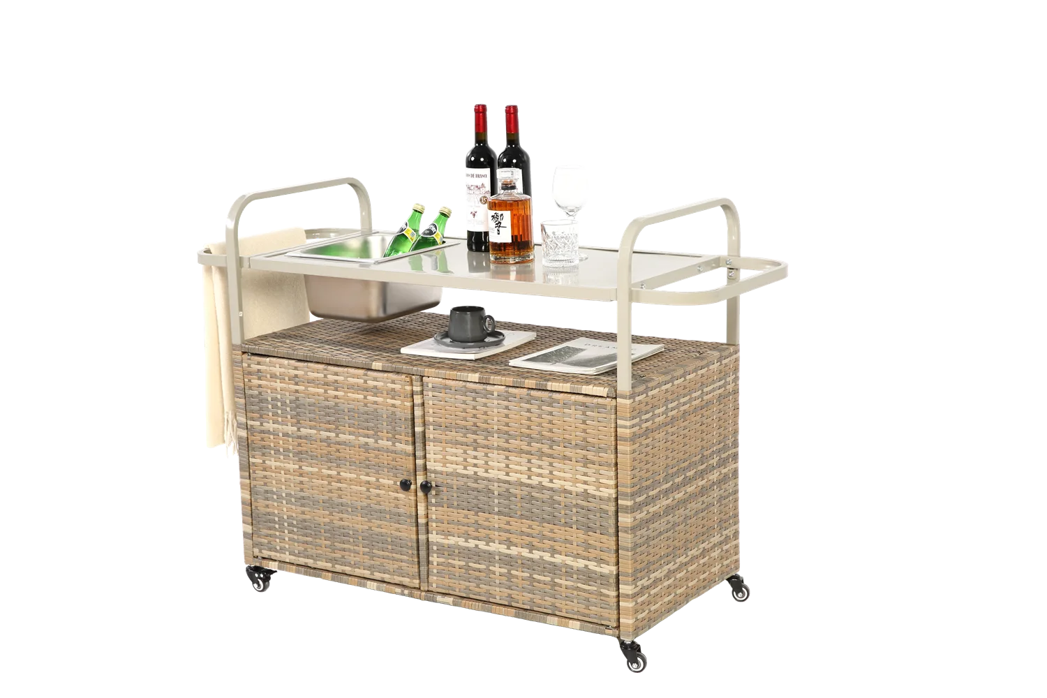 Outdoor Bar Table, Wicker Bar Cart with Cabinet, Patio Serving Cart with steel Top, icebucket, Side Basket, Lockable Wheels