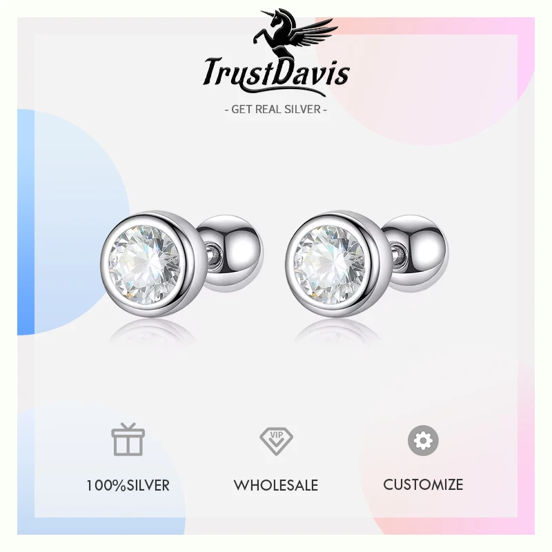Trustdavis Real 925 Sterling Silver Fashion Round 4/5/6mm CZ Beads Screw Stud Earrings Women Wedding Fine Jewelry DA2269