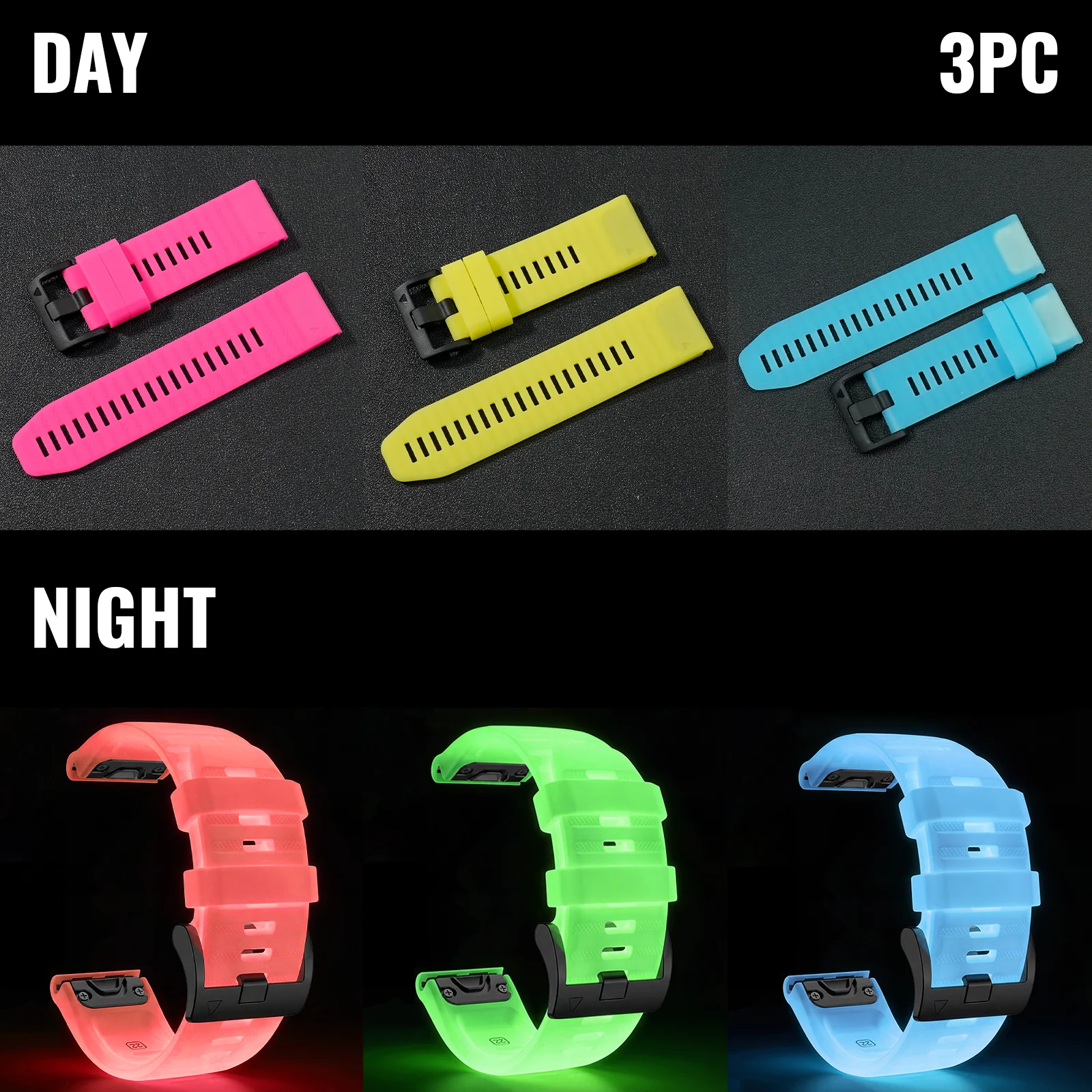 Luminous Silicone Watch Strap Set - 3 Pieces, 22/26mm, Premium Alternative Wristband