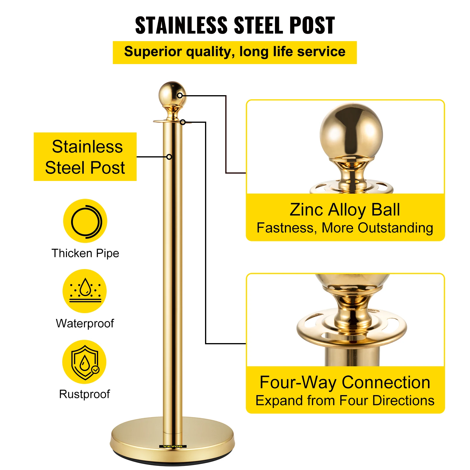 VEVOR Gold Crowd Control Barrier 5 ft/1.5 m Elegant Velvet Ropes and Posts Stainless Steel Stanchion Post with Ball Top 4 PCS
