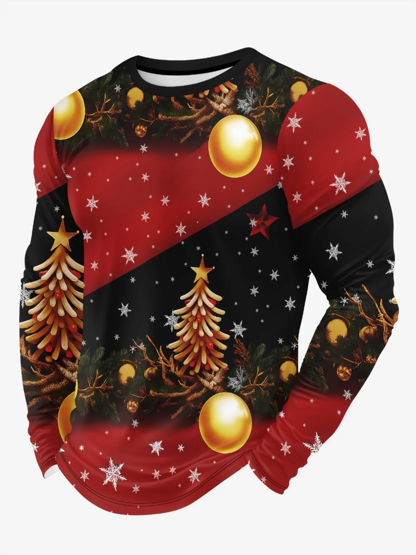 크리스마스 테마 남성용 3D 산타클로스 프린트 라운드넥 긴팔 티셔츠 캐주얼 긴팔 상의 파티 루즈핏 남성 상의
