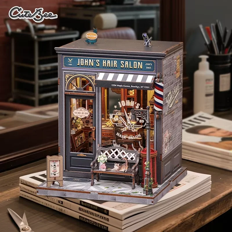 Kit Book Nook Miniatura 3D In Legno – Barbiere Anni '50 Con Luci LED, Decorazione Per Libreria, Modellino Fai Da Te
