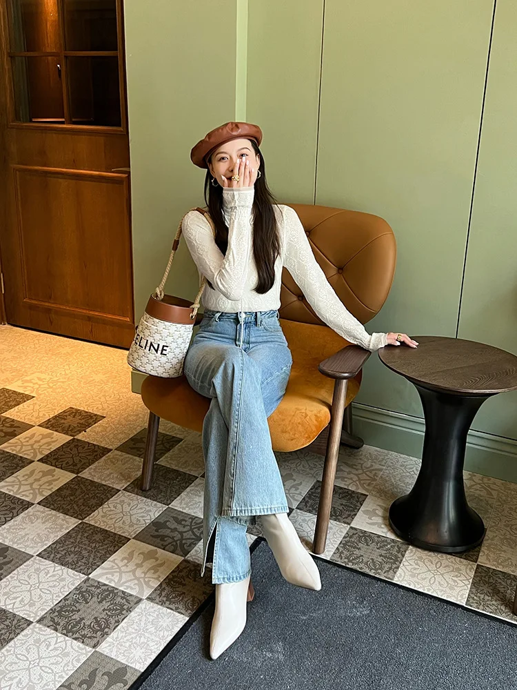 Women's Fine Wool Silk Sweater, Lace Half-High Collar, Lotus Leaf Sleeve Pullover, Bottoming Shirt, Knitting Tops Spring, Autumn