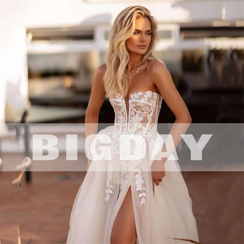 Elegant A-Line Wedding Dress Women  Lace Sweetheart Tulle Open Back Slit Strapless Bridal Gown Sweep Vestido De Noiva Customized 3