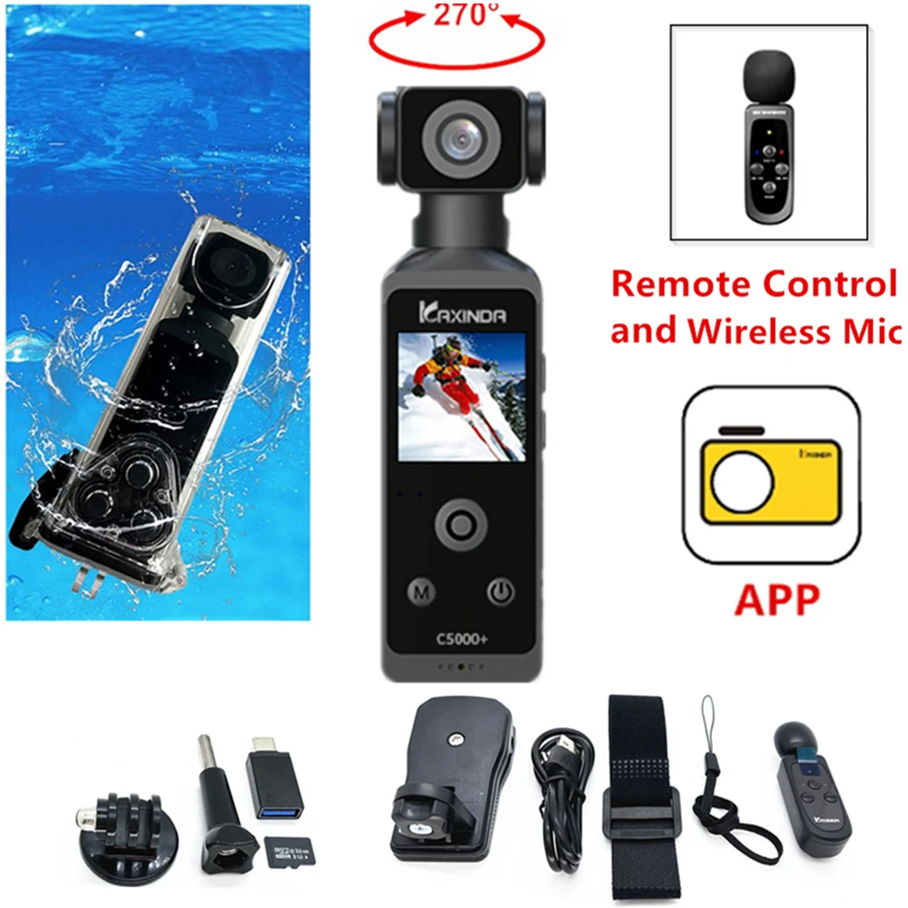 

Карманная Экшн-камера Real 4K HD, вращающаяся на 270 градусов, Ручной Стабилизатор, экран 1,3 дюйма, замедленная съемка, Спортивная мини-видеокамера + Водонепроницаемая фотокамера