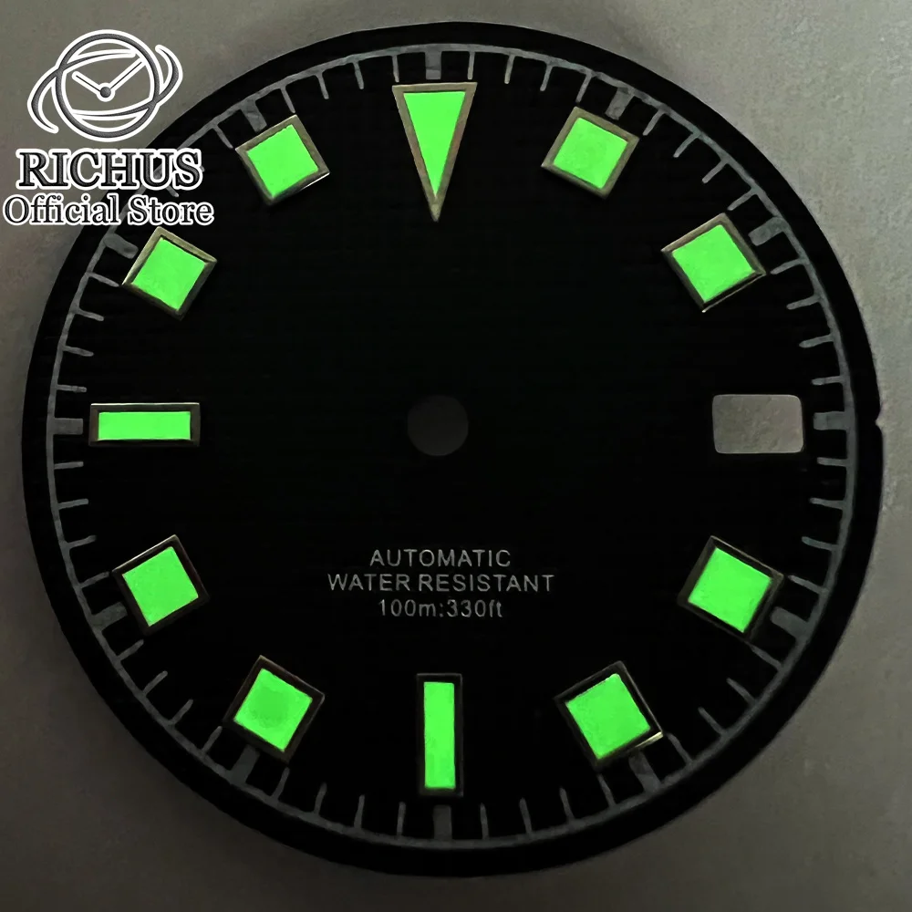 RICHUS 29mm Watch Dial Grid Black Blue Green Color Gradien Fit NH35 Movement Date Window at 3 O'clock Green Luminous