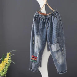 2022 Spring Summer Arts Style Women Vintage Button Hole Loose Jeans Elastic Waist Casual Cotton Denim Harem Pants Size M-3X V989