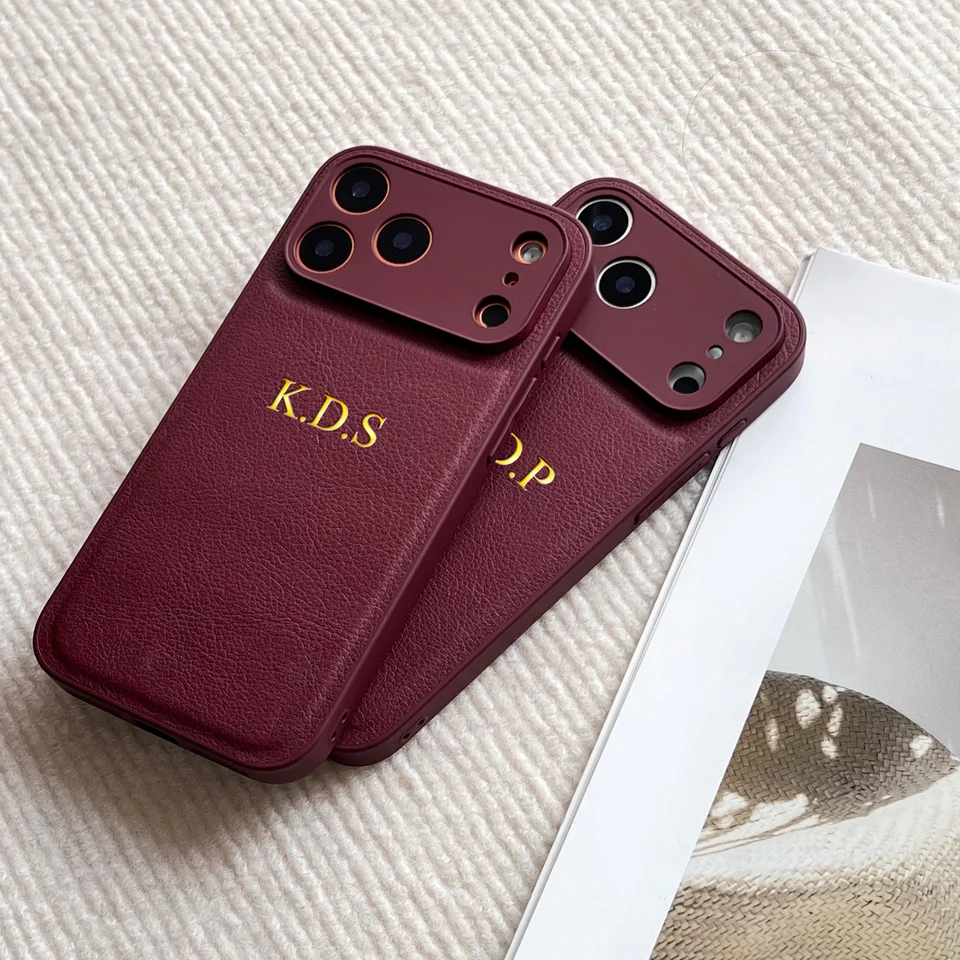 Personalized Custom Name Initial Gold Hot Foil Engraved Luxury Faux Leather Case For IPhone 17 16 15 14 13 Pro Max Plus_voghion.com