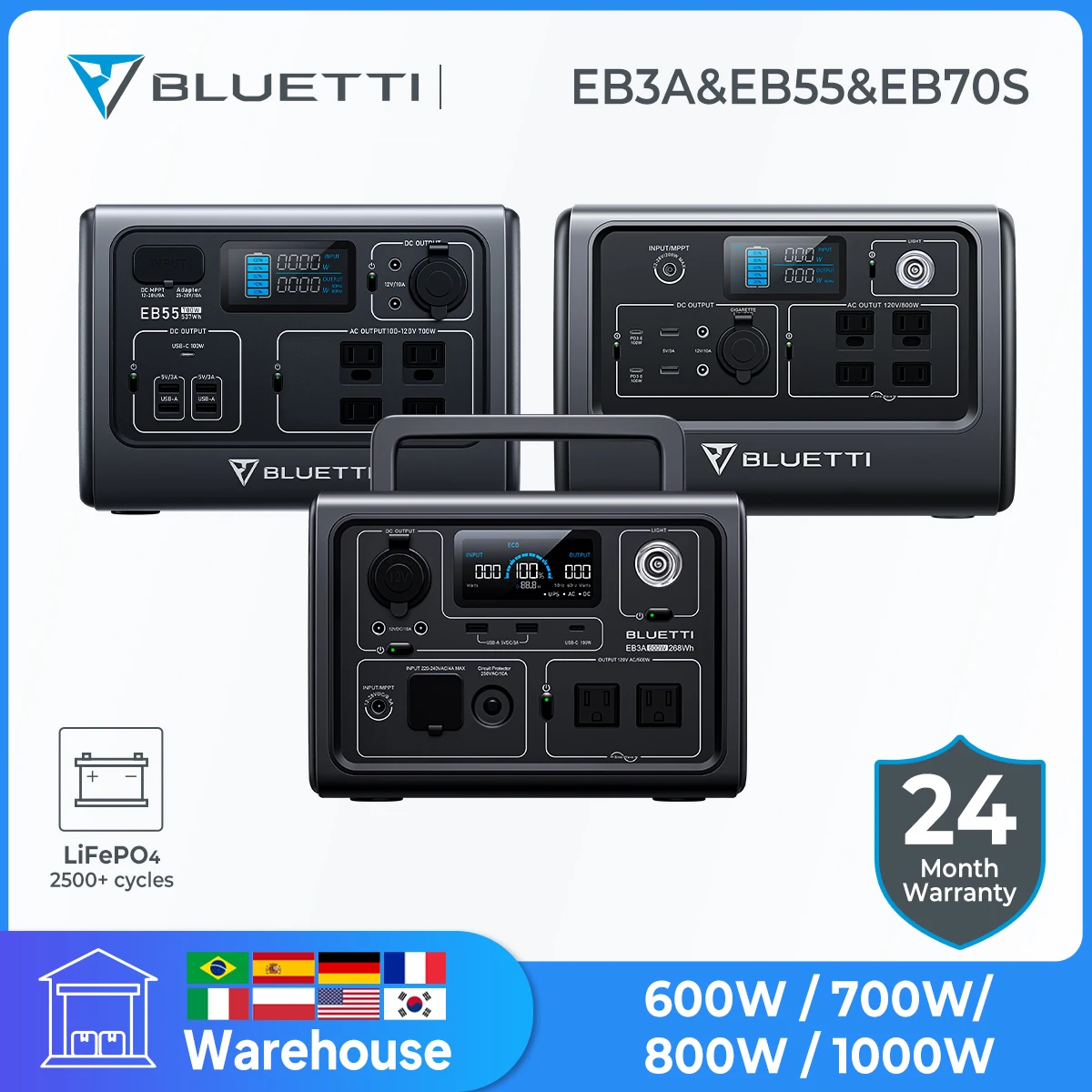 Bluetti Eb3A Eb55 Eb70S 600W 700W 800W 1000W Centrale Elettrica Portatile Generatore Solare Batteria Lifepo4 A Onda Sinusoidale Pura 2,500 + Cicli，Pow