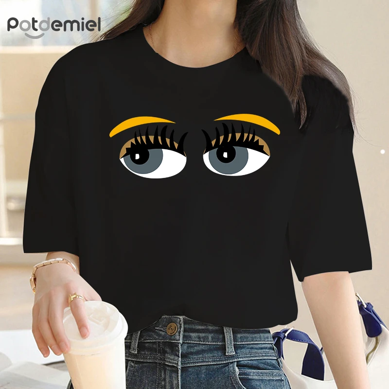 

Black Eyelashes Print Art T Shirt Women Princess Makeup Graphic Tee Personality Hipster Summer Woman Art Tshirt Streetwear