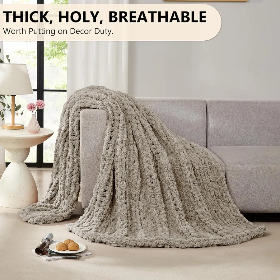 Chunky Knit Blanket Throw: 60''x80'' Chenille Chunky Knitted Throw Blanket for Bed Couch Handmade Thick Big Cable Knit Blanket