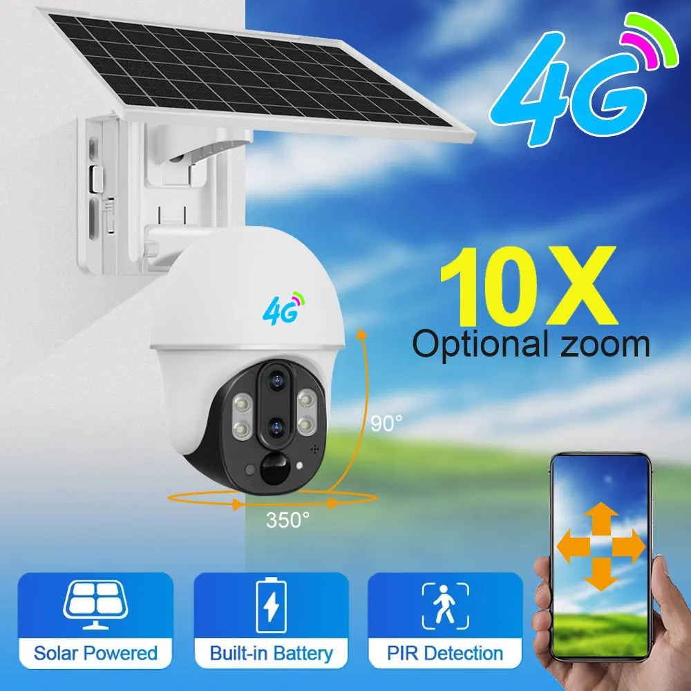 4g Sim IP Camera Outdoor CCTV Security Protection Net Kamera Dual Lens Night Vision 10X Digital Zoom PTZ Cam With Solar Panel 5mp ptz ip camera outdoor 5x optical zoom wifi wireless surveillance camera works with sim card cctv security protection camhi