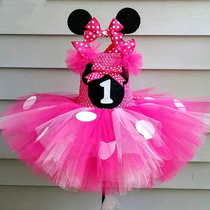 Bonito meninas rosa mickey tutu vestido bebê crochê tule vestido