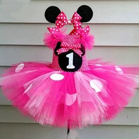 Robe Tutu Mickey rose pour filles mignonnes, en Tulle au Crochet, avec points blancs et nœud pour cheveux, robe de Cosplay de dessin animé pour fête d'anniversaire pour enfants 1
