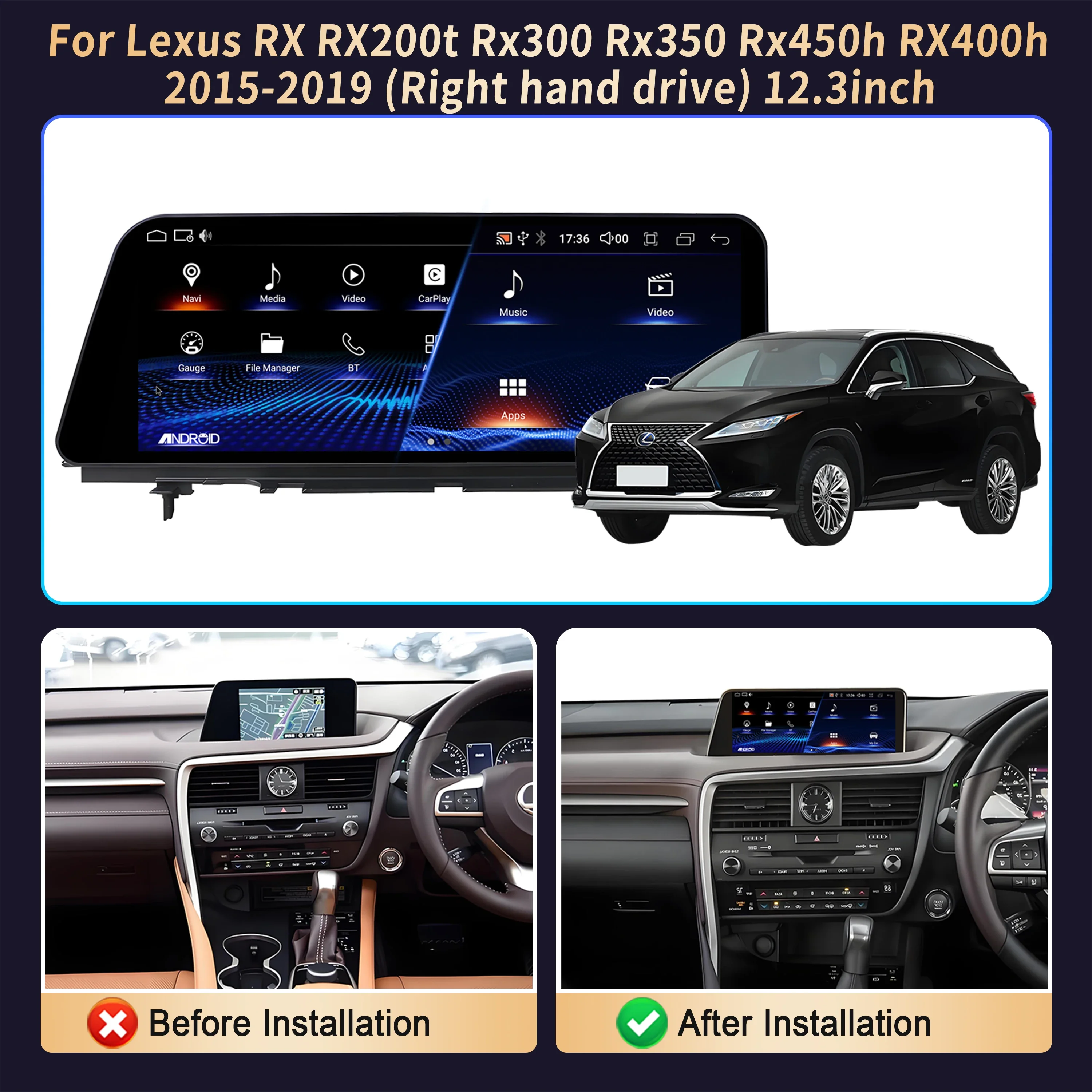 12,3 "RHD para Lexus RX RX200t Rx300 Rx350 Rx450h RX400h 2015-2019 Radio de coche inalámbrico CarPlay Multimedia pantalla Snapdragon 680 2