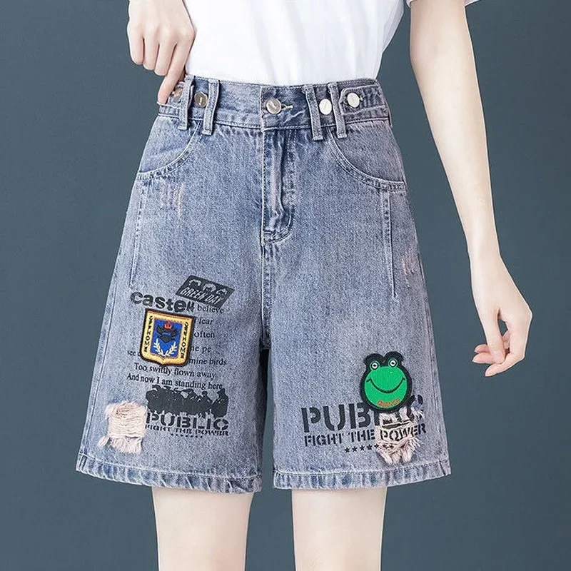 

Summer Denim Shorts Ripped Thin Pants Straight Wide Leg Pants Elastic Waist Korean Fashion Free Shipping Wholesale High Waist