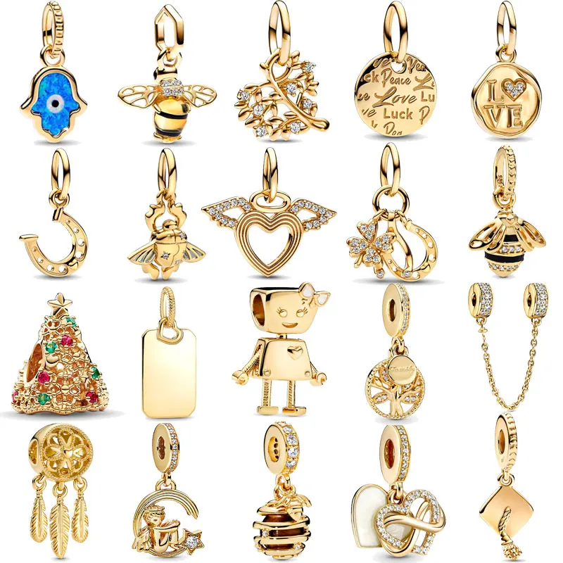 

2023 New 14k Gold Plated Bee Blue Eyes Charms 925 Silver Beads Fit Original Pandora Bracelets Bangles Women Jewelry Gifts DIY