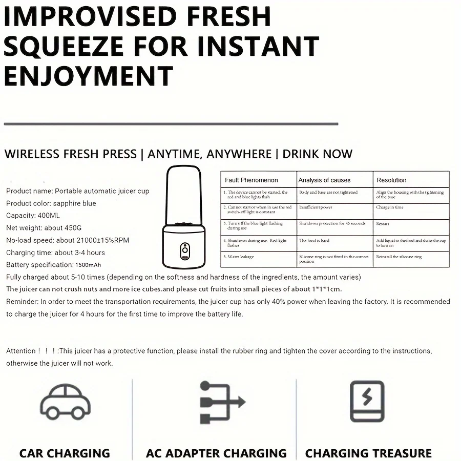 Description Picture 5 of itemPortable Wireless Blender Electric Fruit Juicer Machine For Orange Ice Crushing 10 Blades Auxiliary Food Machine 400mAh Mixer