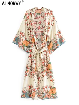 Vintage Chic Women Multi Floral Print Rayon Beach Bohemian Kimono Ladies V Neck Batwing Sleeves Boho Robe Bikini Cover-ups 1