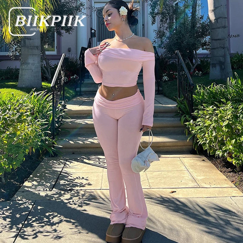 BIIKPIIK Solid Casual Pants Sets Concise Sexy Women Sets Slash Neck Crop Top + Pants Sporty Suits Hot Sweet Yoga Outfits Fitness fitness ribbed wide leg jumpsuits backless elegant luxury outfit 2023 summer women sexy night club halter one piece overalls