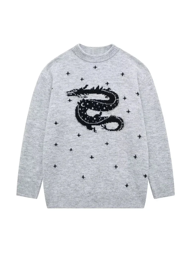 

HH TRAF Woman Casual Round Neck Sweaters Dragon Pattern Fashion Long Sleeves Pullovers Female Elegant Chic Loose Knitted Tops