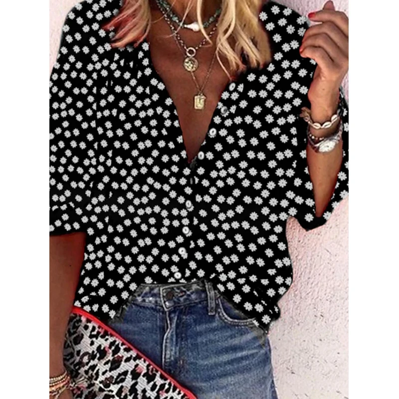 

Vintage Loose Petal Print Women Shirts Office Large Size Blouses Long Sleeve V Neck Tops Casual Ladies Designer Cardigan Blouse