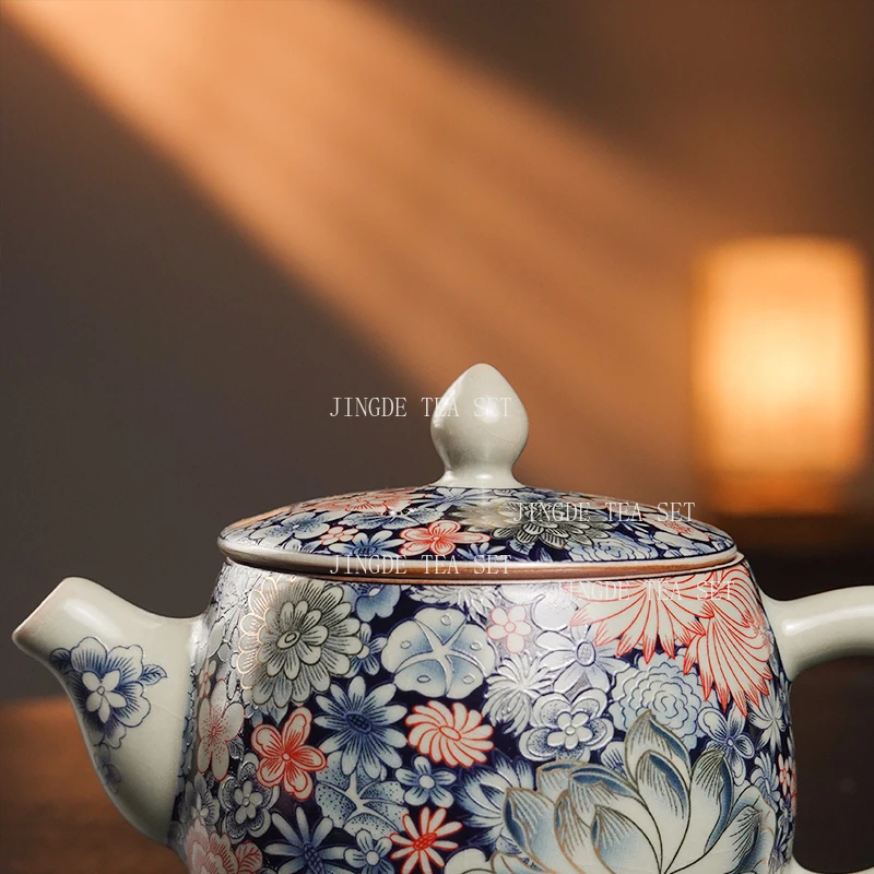 Pinched Golden Peony Teapot Sky Blue Ru Kiln Opened Han Tile Pot Household Chinese Ceramic Teapot Enamel Kung Fu Tea Set