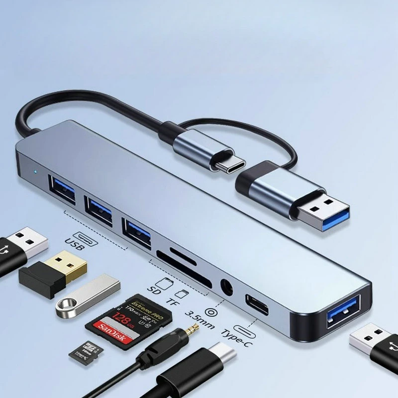 8-in-2 USB Hubs Docking Stations SD/TF Card Reader Type C to USB OTG Adapter For Tablet Mobile Phone Computer