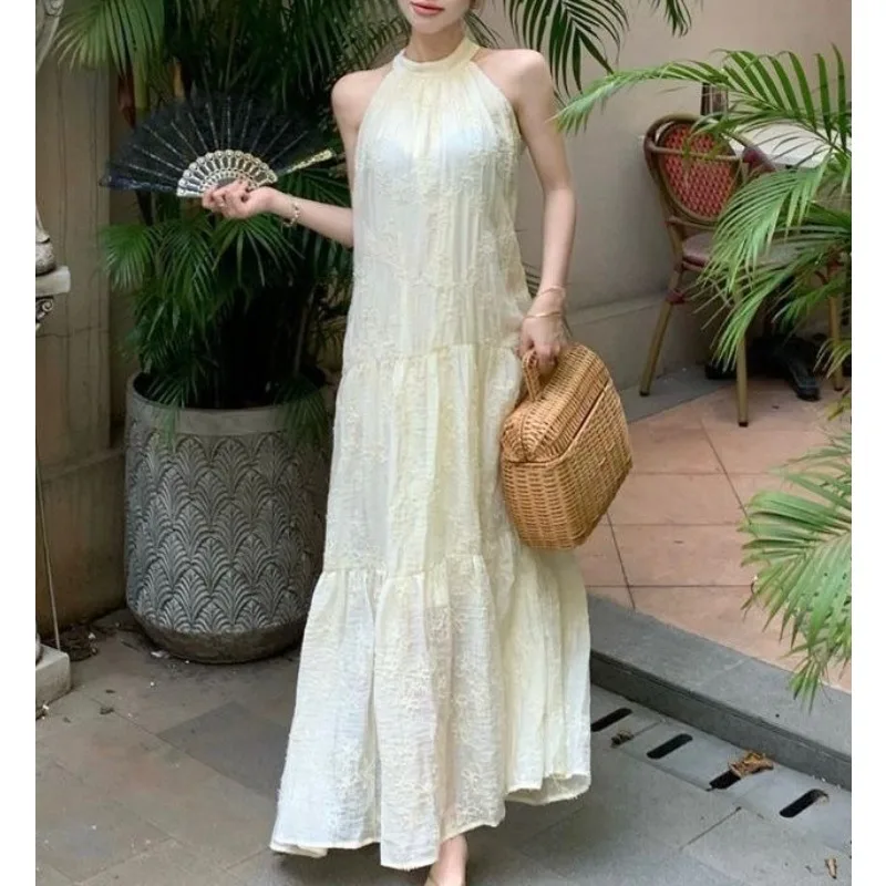 

White Dress with Lining Lace Halter Dress Women's Long Sleeveless Casual Simple Beach Dresses Elegant Fashion Summer Dress