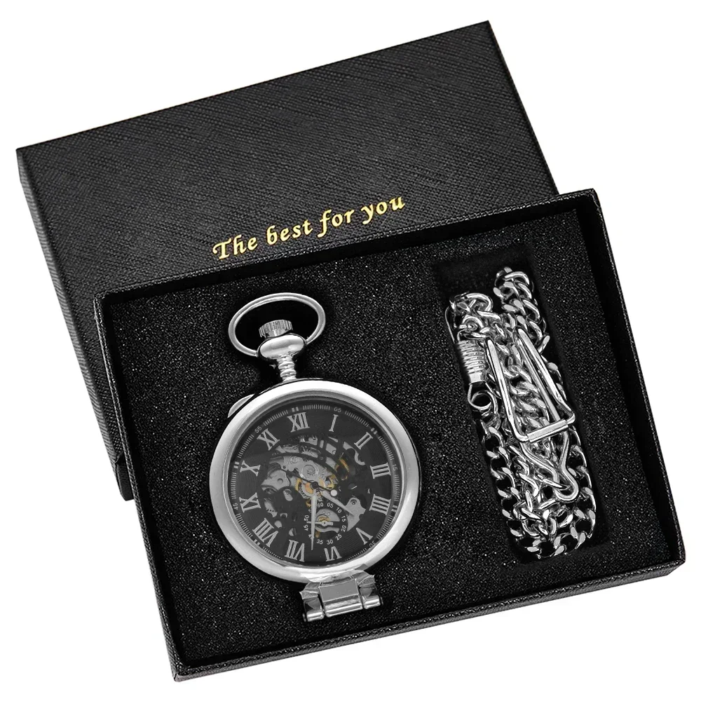 Cool Industrial Style Silver Mechanical Hand Wind Pocket Watch Roman Numeral Skeleton Vintage Pendant Clock Woman Man Watch