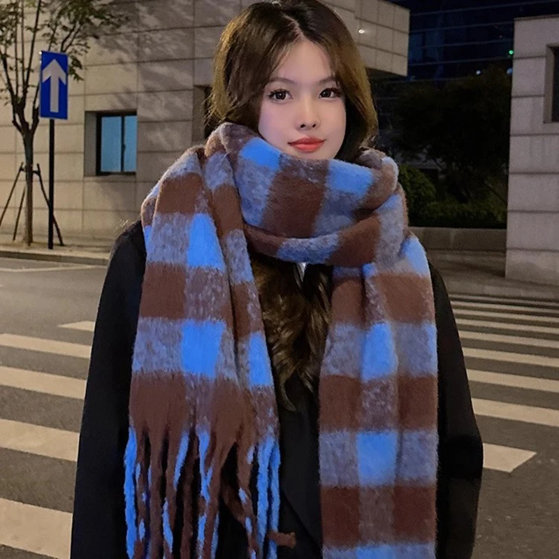 Plaid Scarf Checkerboard Soft Scarfs Women's Winter Warm Dual Use Long Shawl Vintage Thickened Scarves 3