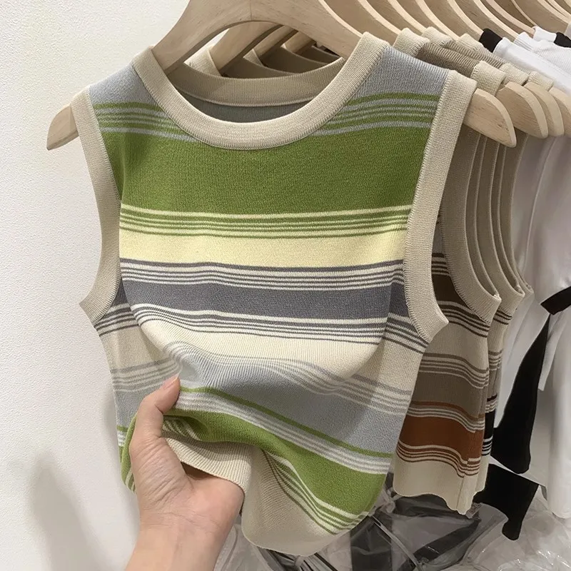 

Contrast striped knitted tank top for women's summer round neck short fitting threaded sleeveless top