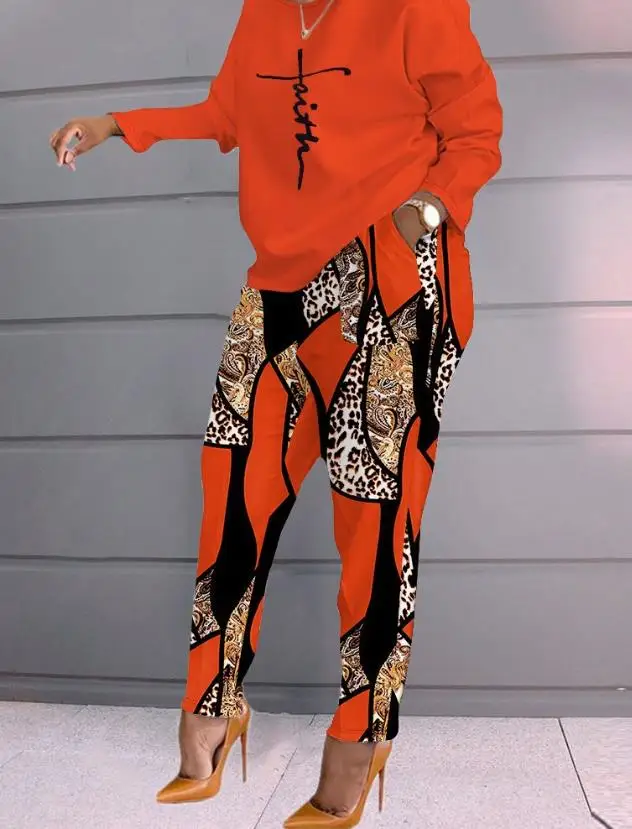 Two Piece Sets Womens Outfits 2023 Fashion Faith Baroque Leopard Print Top & Casual Pants Set Autumn Women's Suits Streetwear