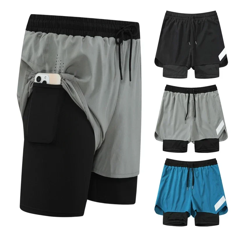 2 in 1 Men's Double Short Pant Beach Sweat Shorts with Pocket Outdoor Go Hiking Sweatpants Marathon Athletics Trousers